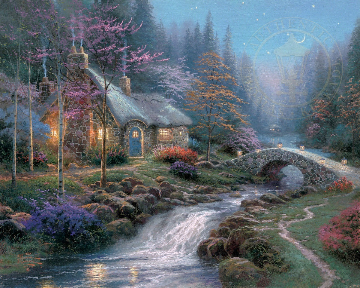 托马斯·金凯德《暮色小屋》，屋窗在蓝色夜幕中发光